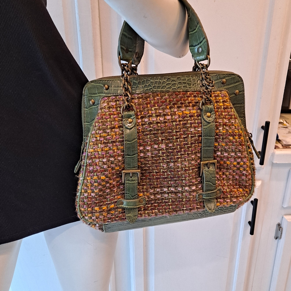 The Limited Green and Multicolor Virgin Wool Woven Satchel Handbag